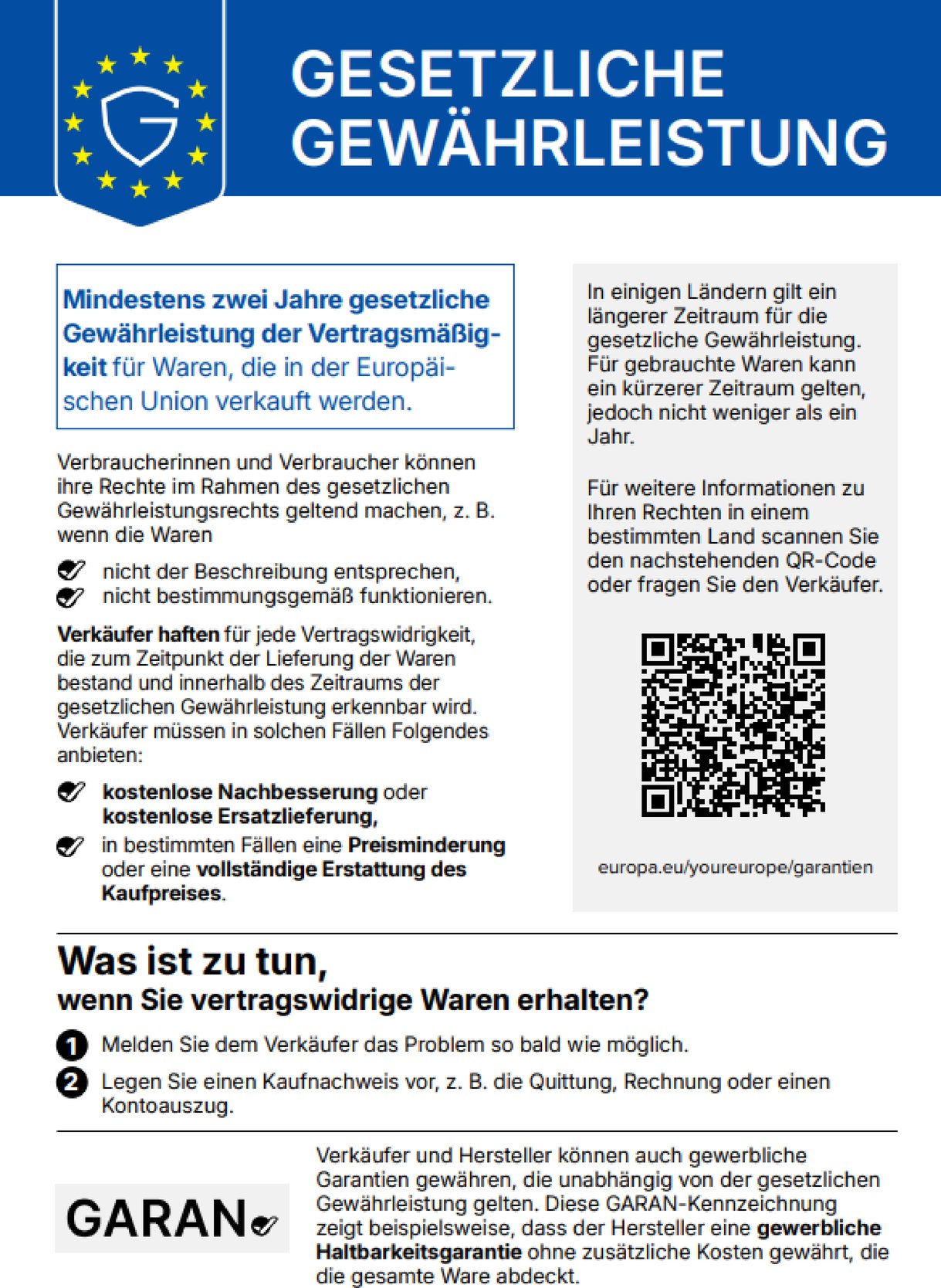 Informationen zur<br />gesetzlichen Gewährleistung